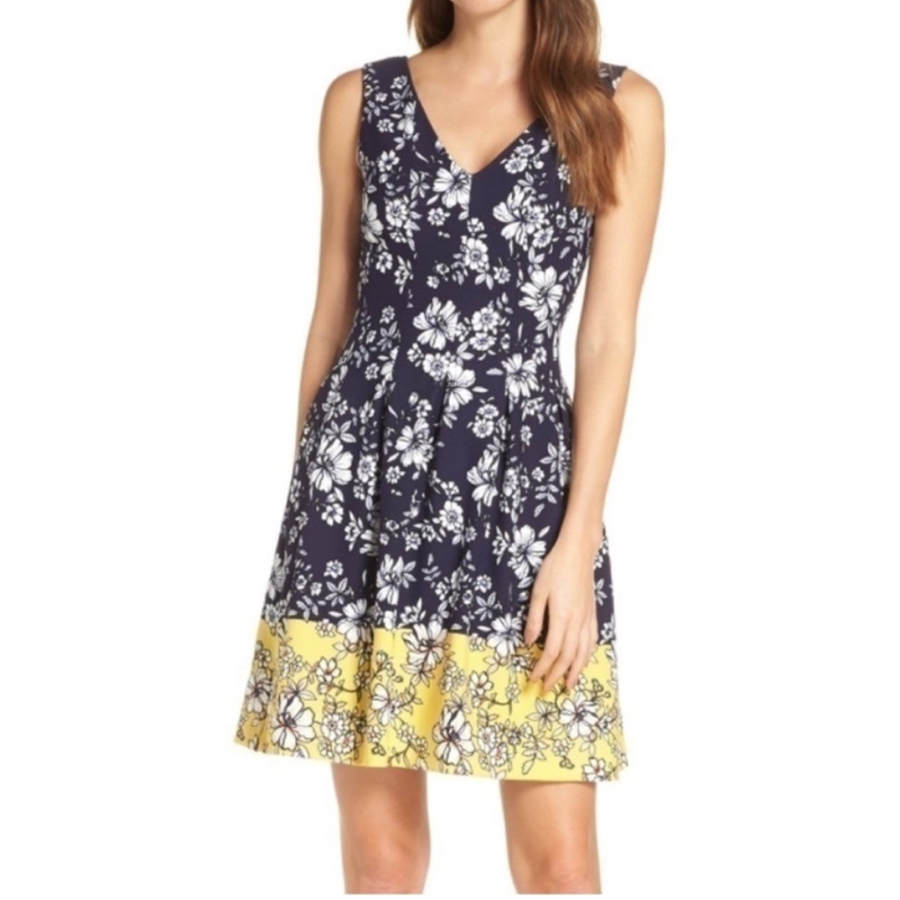Vince Camuto Navy and Yellow Floral Mini Dress
